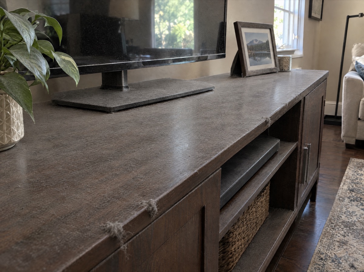 Wood TV stand covered in dust