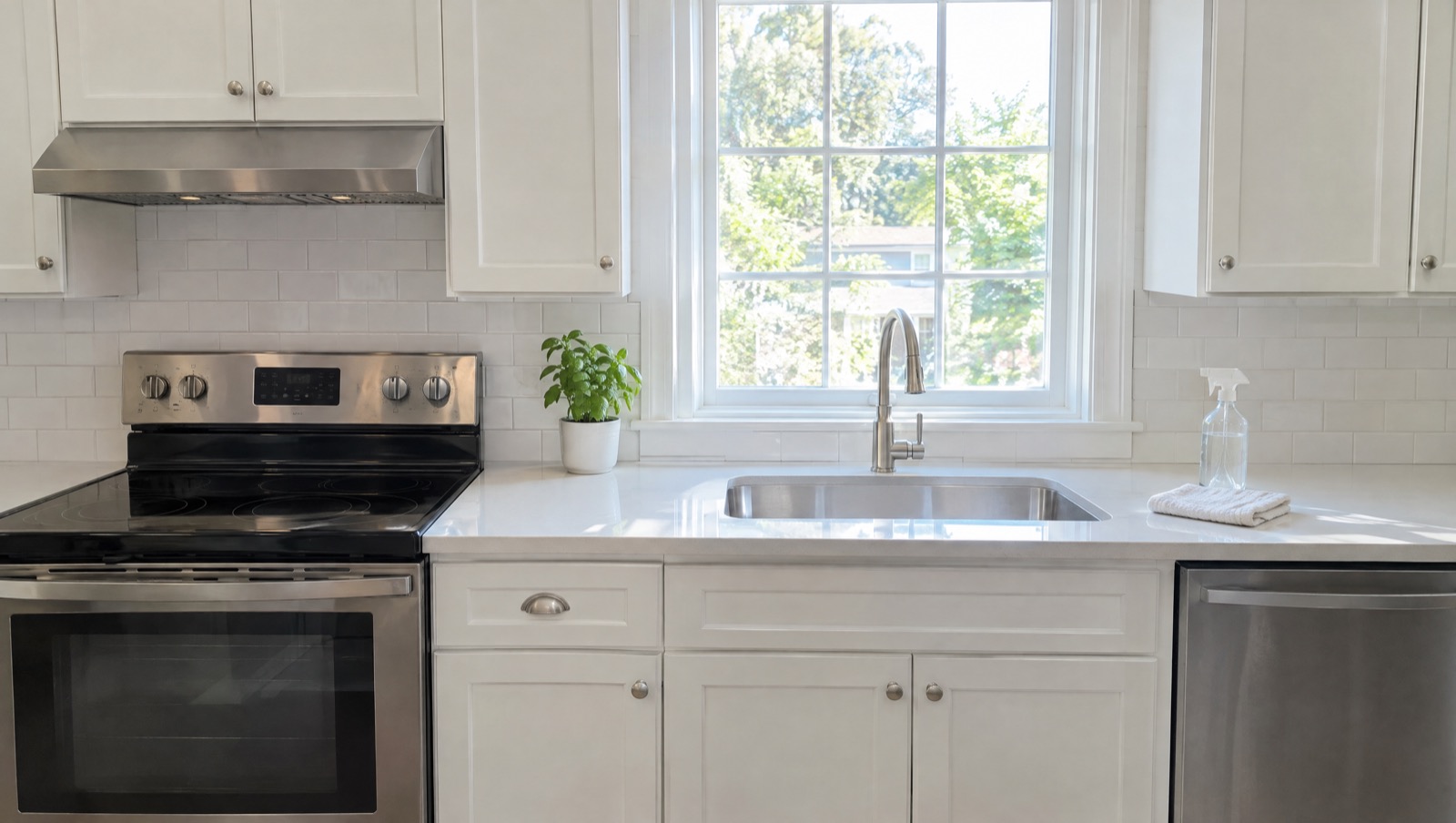 The same kitchen, spotless, with one spray bottle