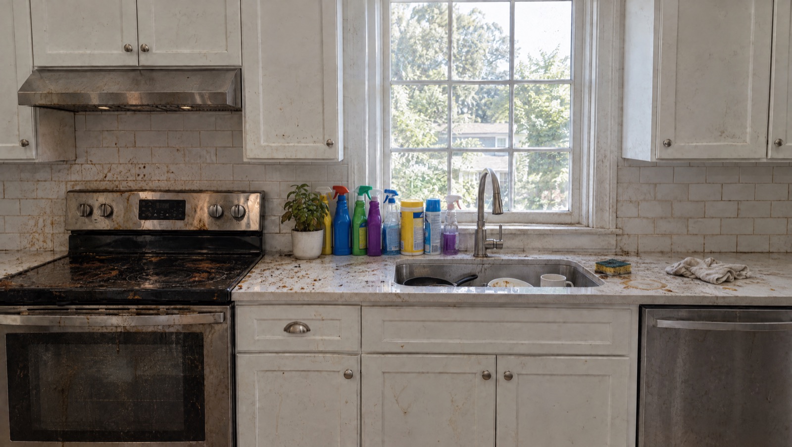 A greasy kitchen with a row of spray bottles