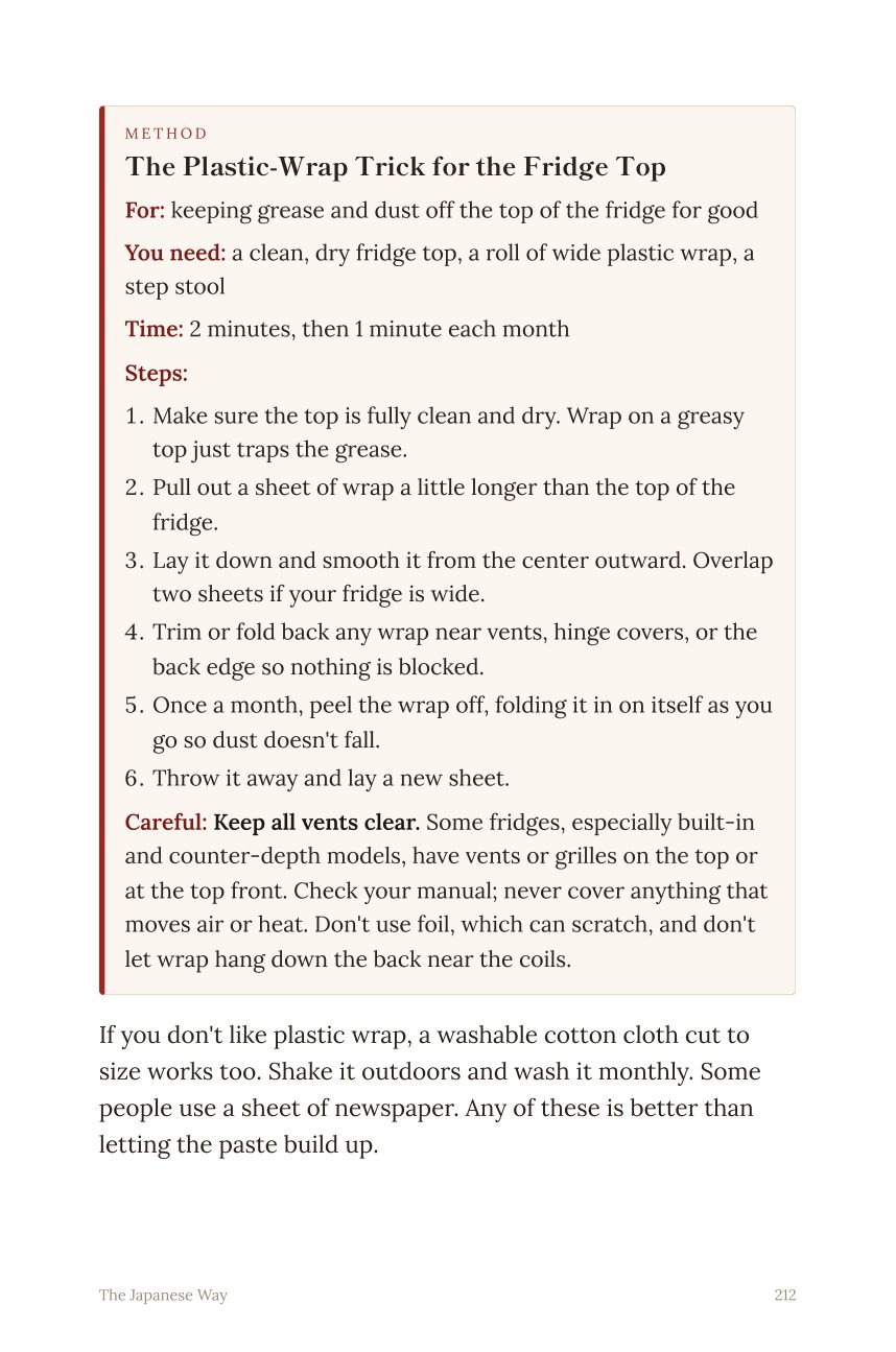 Page 212: the plastic-wrap trick for the fridge top