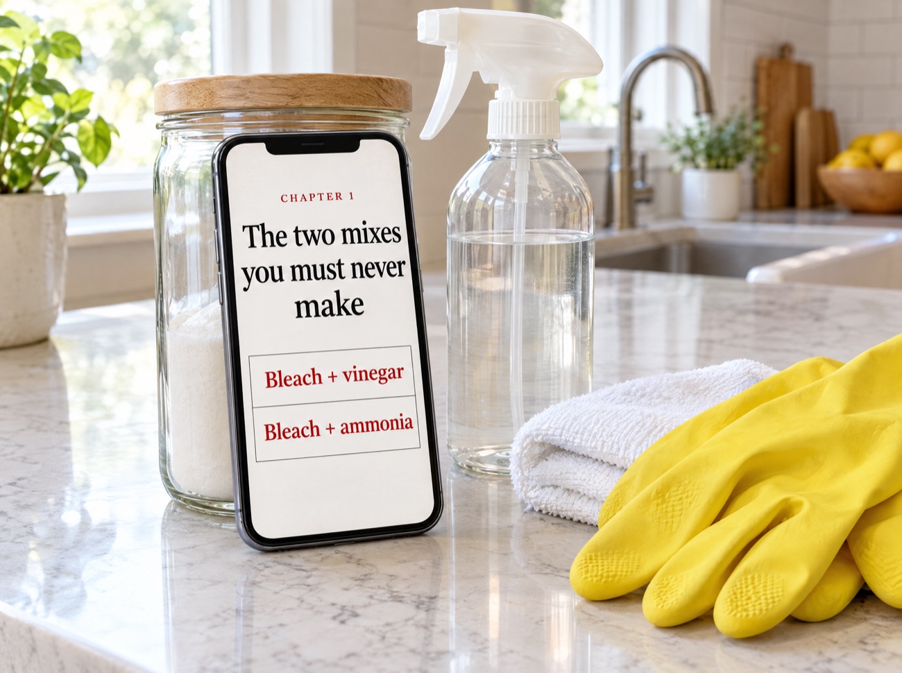 The book open on a phone propped up on a kitchen counter