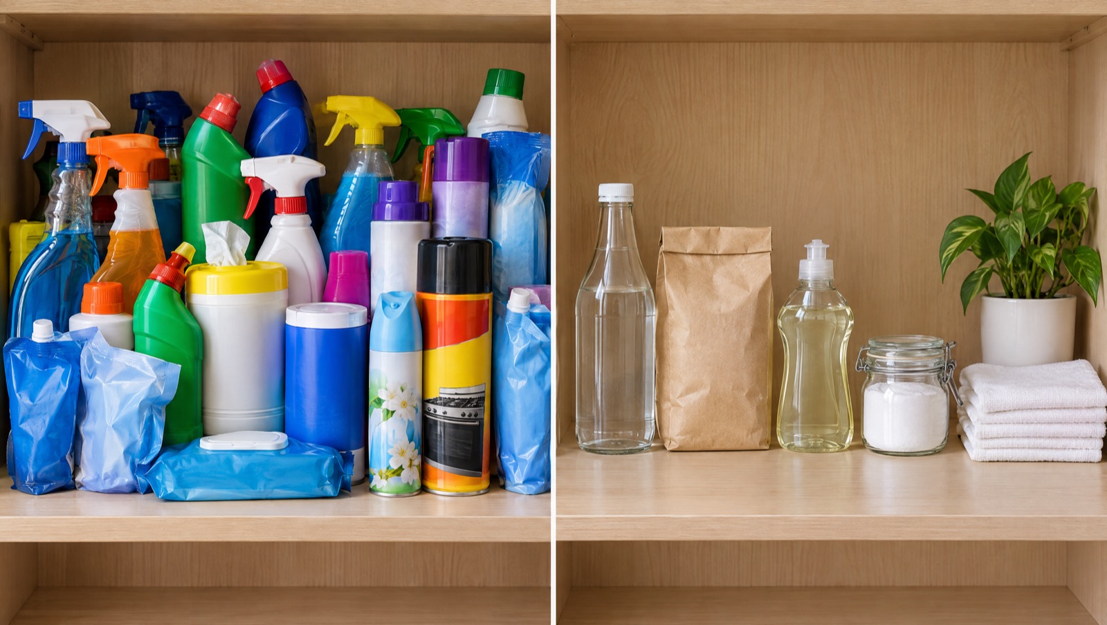 A shelf crammed with cleaning sprays next to a shelf with five simple ingredients